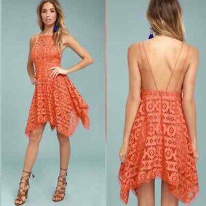 Free People Just Like Honey Orange Lace Mini Sleeveless Dress SZ 0 EUC